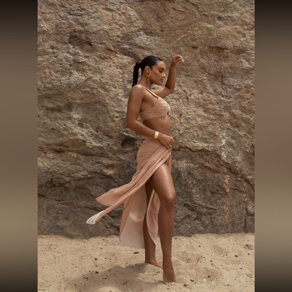 NEW JLUXLABEL Tan Uncharted Waters Mesh Sarong Maxi Hem Skirt - Picture 9 of 11